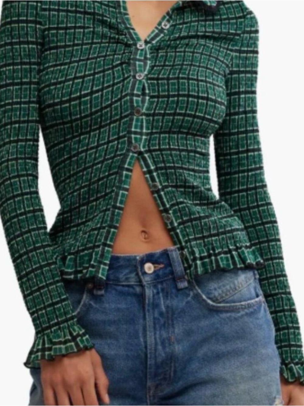 Free People Green Plaid Button-Front Knit Top
